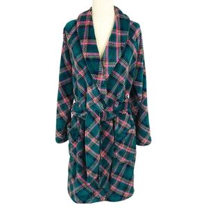 Victoria's Secret Green Pink Plaid Cozy Plush Velour Fleece Bath Robe